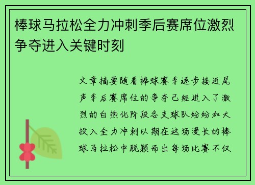 棒球马拉松全力冲刺季后赛席位激烈争夺进入关键时刻