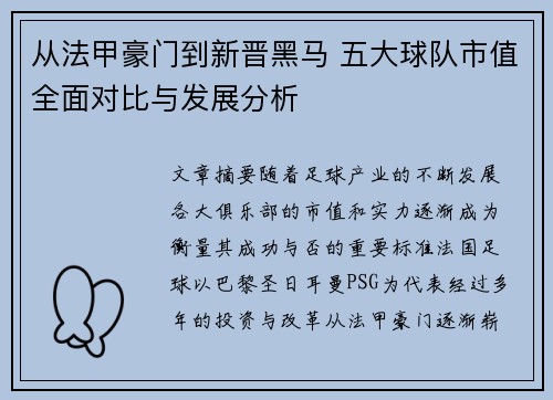 从法甲豪门到新晋黑马 五大球队市值全面对比与发展分析