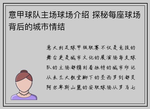 意甲球队主场球场介绍 探秘每座球场背后的城市情结