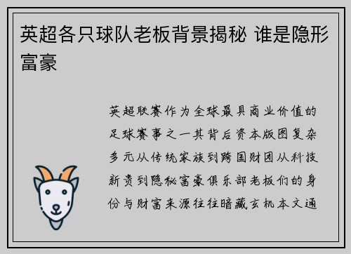 英超各只球队老板背景揭秘 谁是隐形富豪
