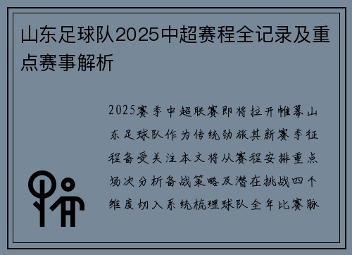 山东足球队2025中超赛程全记录及重点赛事解析